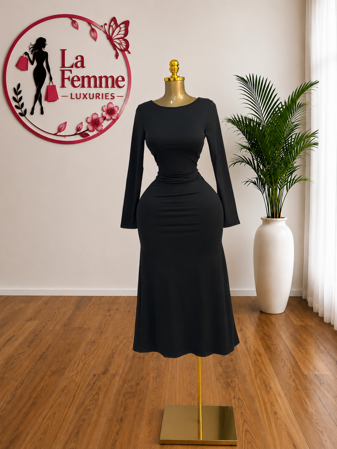Midnight Elegance Open-Back Maxi Dress