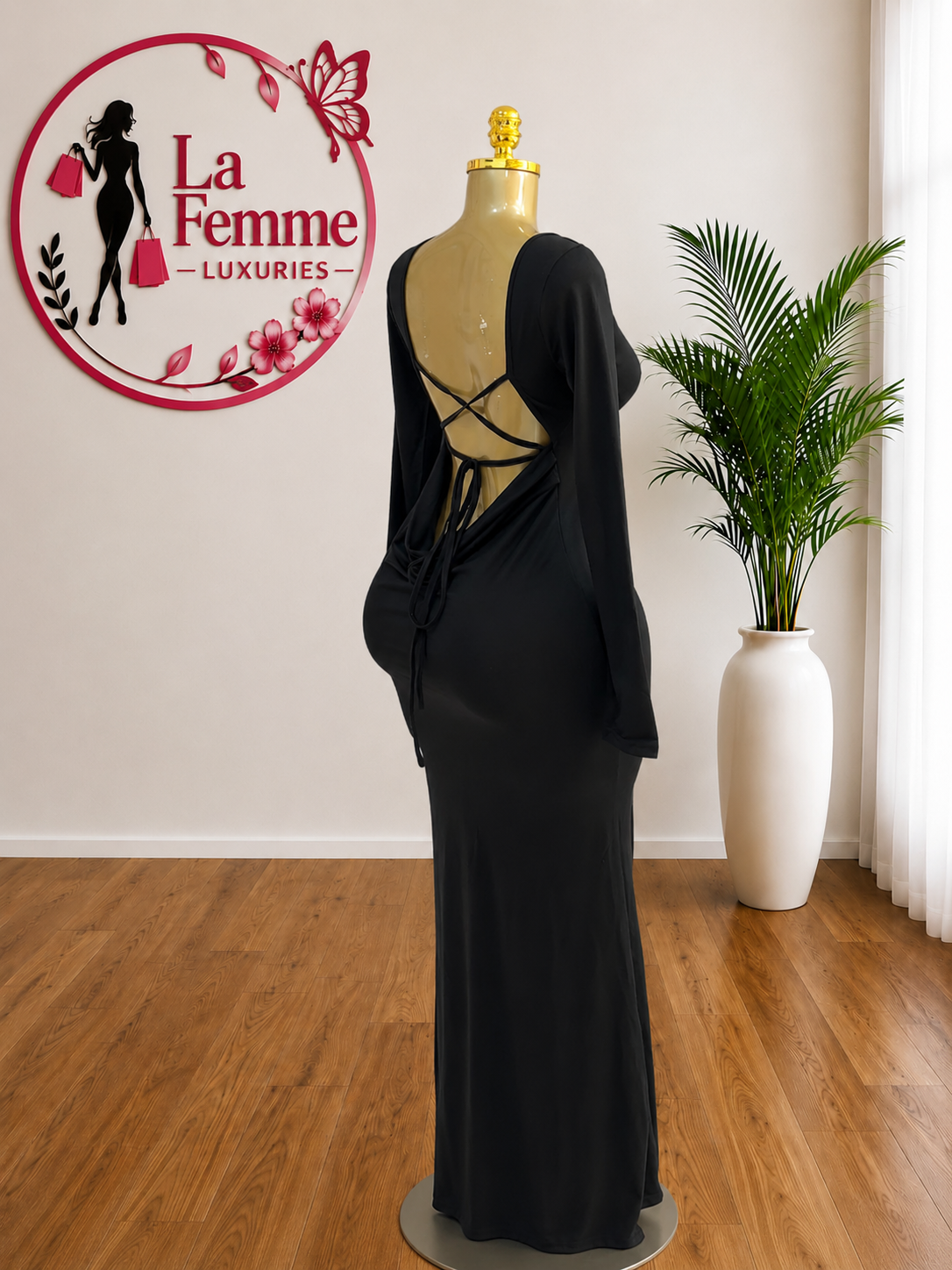 Midnight Elegance Open-Back Maxi Dress