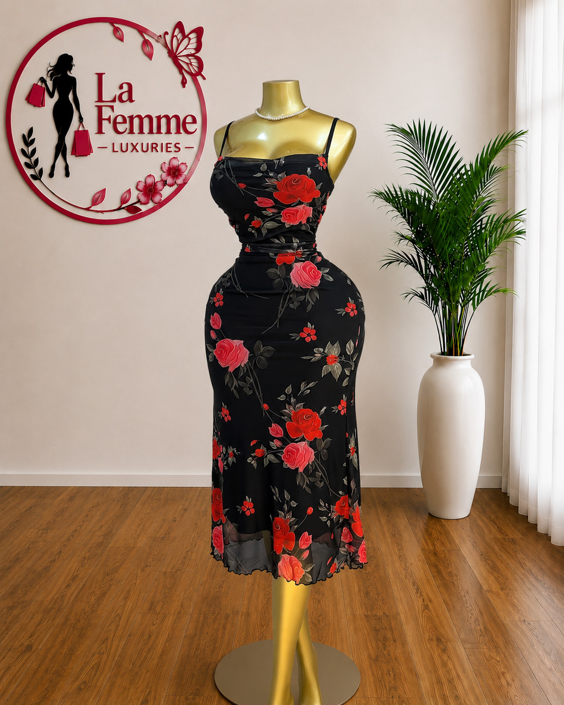 Midnight Rose Floral Midi Dress
