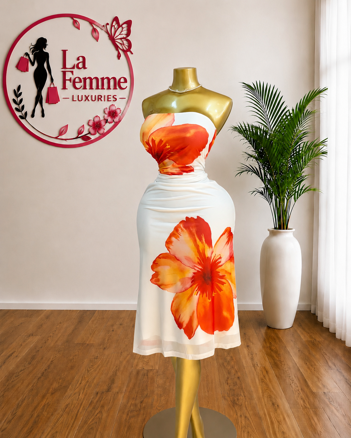 Sunset Bloom Strapless Midi Dress