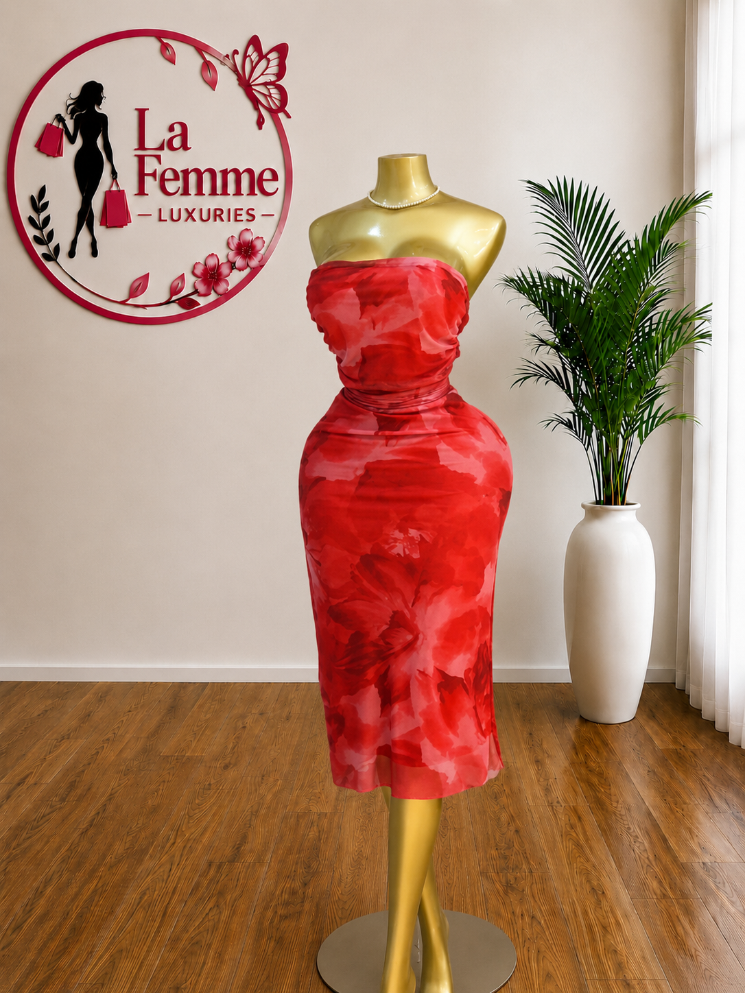 Crimson Bloom Strapless Midi Dress