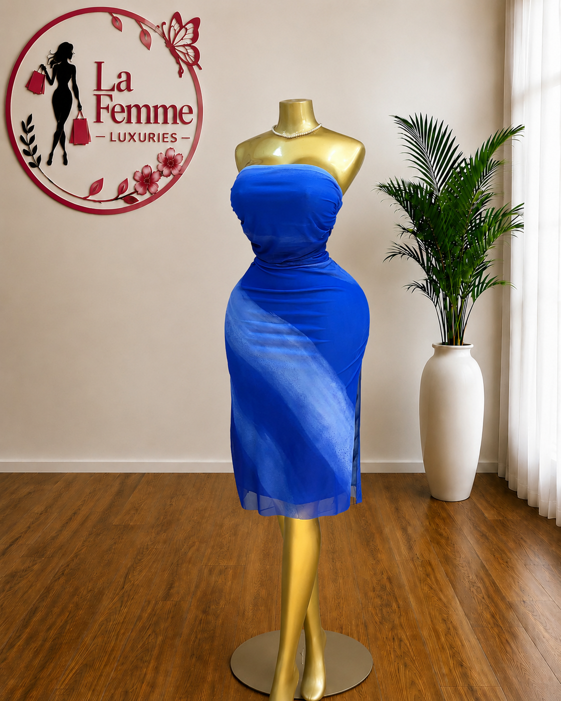 Sapphire Elegance Strapless Midi Dress
